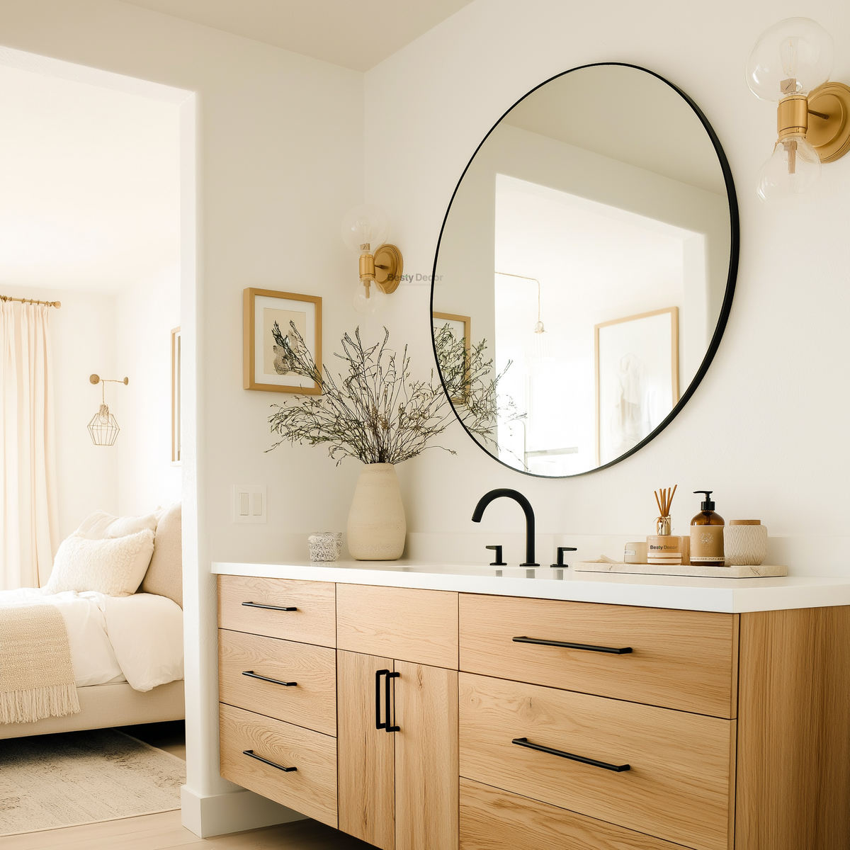 Bevelled Brass Round Mirror